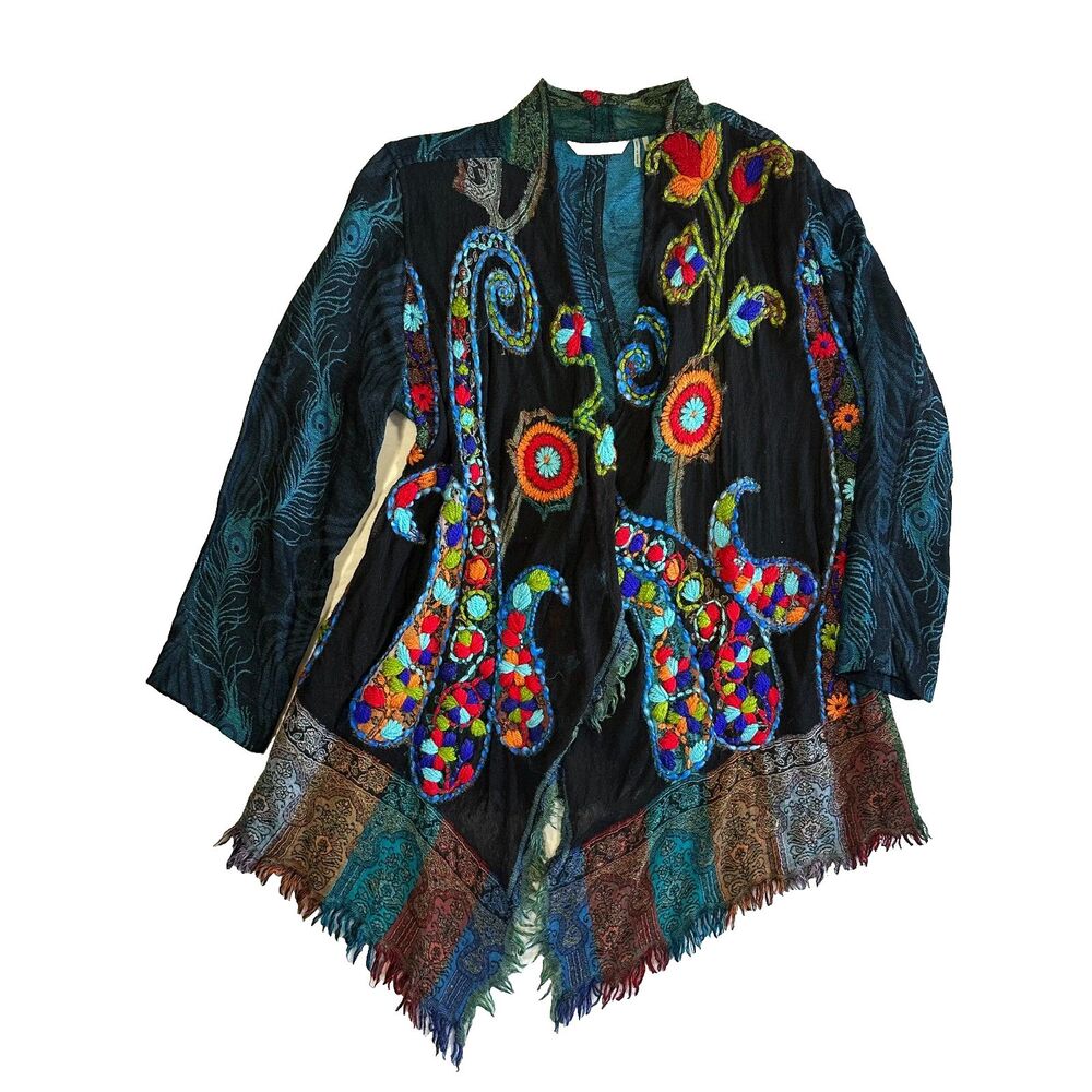 Soft Surroundings Embroidered Peacock Feather Kimono Cardigan Jacket Women's S - Picture 15 of 15